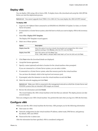 Chapter 2 Getting Started with vMA



Deploy vMA
          You can deploy vMA using a file or from a URL. To deploy from a file, download and unzip the vMA ZIP file 
          before you start the deployment process.

          IMPORTANT   You cannot upgrade from VIMA 1.0 to vMA 4.0. You must deploy the vMA 4.0 OVF instead. 

          To deploy vMA

          1    Log in to a 4.0 vSphere Client connected to an ESX/ESXi 4.0, ESX/ESXi 3.5 Update 2 or later, or vCenter 
               Server 4.0 system.

          2    If connected to a vCenter Server system, select the host to which you want to deploy vMA in the inventory 
               pane. 

          3    Select File > Deploy OVF Template. 

               The Deploy OVF Template wizard appears. 

          4    Select one of these options:

               Option                   Description
               Deploy from file         Select this option if you have already downloaded and unzipped the vMA virtual 
                                        appliance package. Click Browse, select the OVF, and click Next. 

               Deploy from URL          Select this option and click Next. Type 
                                        http://www.vmware.com/go/importvma/vma4.ovf into the field and click Next. 


          5    Click Next when the download details are displayed. 

          6    Accept the license agreement. 

          7    Specify a name (optional) and select a location for the virtual machine when prompted. 

               If you are connected to a vCenter Server system, you can select a folder. 

          8    If connected to a vCenter Server system, select the resource pool for the virtual machine. 

               You can leave the default, which is the top‐level root resource pool. 

          9    If prompted, select the datastore to store the virtual machine on and click Next. 

          10   Select the network mapping and click Next. 

               IMPORTANT   Make sure vMA is connected to the management network on which the vCenter Server and 
               ESX/ESXi systems that are intended vMA targets are located.

          11   Review the information and click Finish. 

               The wizard deploys the vMA virtual machine to the host that you selected. The deploy process can take 
               several minutes.

          Next you configure your vMA virtual machine. You perform this task when you log in to vMA the first time.


Configure vMA
          When you start the vMA virtual machine the first time, vMA prompts you for the following information:
               Host name for vMA. 

               Network configuration for the virtual machine: IP address, subnet mask, DNS Server, and gateway. 
               By default, vMA uses DHCP. 

               Password for the vi‐admin user. 

          After the information has been specified, vMA is considered configured. 


VMware, Inc.                                                                                                                   13
 