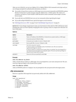 Chapter 3 vMA Interfaces



          After you run vifpinit, you can run vSphere CLI or vSphere SDK for Perl commands and scripts and you 
          are no longer prompted for authentication information, as follows:

               If you add a vCenter Server system as a vMA target, you can run most commands on all ESX/ESXi systems 
               that the vCenter Server system manages using the vSphere CLI --vihost option. The vSphere CLI 
               Installation and Reference Guide includes a table that shows which commands cannot target a vCenter 
               Server system.

               If you add only one ESX/ESXi host, you can run commands without specifying the target. 

               If you add multiple ESX/ESXi hosts, specify the target to avoid confusion. 

          See “Add Target Servers to vMA” on page 15 and “Add Multiple Target Servers” on page 16.

          IMPORTANT   If you change a target server’s name, you must remove it, then add it to vMA with the new name. 
          Changing the name can mean explicitly changing the name or giving a name to a target server that does not 
          have a host name. 

          Options

          Option                      Description

          server                      Name or IP address of the ESX/ESXi or vCenter Server system to add as a vMA target. 

          protocol                    Connection protocol. Default is https. 

          portnumber                  Connection port number of <server>. Default is 443. 

          servicepath                 Service path URL of <server>. Default is /sdk. 

          username                    User who connects to <server>. 
                                      If <server> points to an ESX/ESXi system, the default is root. The user must have 
                                      superuser privileges on <server>.
                                      If <server> points to a vCenter Server system, there is no default. You are prompted for a 
                                      user name if you do not specify one using this option. The user must have privileges to 
                                      connect to the vCenter Server system. 

          password                    Password of the user specified by username. 


          Example
          sudo vifp addserver my_vCenter

          Adds a vCenter Server system as a vMA target. You are prompted for a user name and password. The user 
          must have login privileges on the vCenter Server system. 
          sudo vifp addserver myESX42

          Adds an ESX/ESXi system to vi‐fastpass. You are prompted for the root password for the target system. 


     vifp removeserver
          Removes a specified vMA target that was previously added with vifp addserver. 

          Usage
          sudo vifp removeserver
              <server>
              [--protocol <http | https>]
              [--portnumber <portnum>]
              [--servicepath <servicepath>]
              [--username <username>]
              [--password <password>]
              [--force]




VMware, Inc.                                                                                                                        23
 