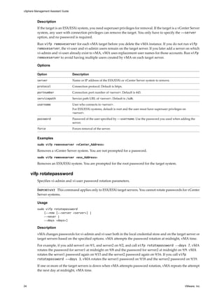 vSphere Management Assistant Guide



          Description
          If the target is an ESX/ESXi system, you need superuser privileges for removal. If the target is a vCenter Server 
          system, any user with connection privileges can remove the target. You only have to specify the --server 
          option, and no password is required. 

          Run vifp removeserver for each vMA target before you delete the vMA instance. If you do not run vifp
          removeserver, the vi‐user and vi‐admin users remain on the target server. If you later add a server on which 
          vi‐admin and vi‐user already exist to vMA, vMA uses replacement user names for those accounts. Run vifp
          removeserver to avoid having multiple users created by vMA on each target server. 

          Options

          Option                     Description

          server                     Name or IP address of the ESX/ESXi or vCenter Server system to remove. 

          protocol                   Connection protocol. Default is https. 

          portnumber                 Connection port number of <server>. Default is 443. 

          servicepath                Service path URL of <server>. Default is /sdk. 

          username                   User who connects to <server>. 
                                     For ESX/ESXi systems, default is root and the user must have superuser privileges on 
                                     <server>. 

          password                   Password of the user specified by --username. Use the password you used when adding the 
                                     server. 
          force                      Forces removal of the server. 


          Examples
          sudo vifp removeserver <vCenter_Address>

          Removes a vCenter Server system. You are not prompted for a password. 
          sudo vifp removeserver <esx_Address>

          Removes an ESX/ESXi system. You are prompted for the root password for the target system. 


     vifp rotatepassword
          Specifies vi‐admin and vi‐user password rotation parameters. 

          IMPORTANT   This command applies only to ESX/ESXi target servers. You cannot rotate passwords for vCenter 
          Server systems. 

          Usage
          sudo vifp rotatepassword
              [--now [--server <server>] |
              --never |
              --days <days>]

          Description
          vMA changes passwords for vi‐admin and vi‐user both in the local credential store and on the target server or 
          target servers based on the specified options. vMA attempts the password rotation at midnight, vMA time. 

          For example, if you add server1 on 9/1, and server2 on 9/2, and call vifp rotatepassword --days 7, vMA 
          rotates the password for server1 at midnight on 9/8 and the password for server2 at midnight on 9/9. vMA 
          rotates the server1 password again on 9/15 and the server2 password again on 9/16. If you call vifp
          rotatepassword --days 3, vMA rotates the server1 password on 9/18 and the server2 password on 9/19. 

          If one or more of the target servers is down when vMA attempts password rotation, vMA repeats the attempt 
          the next day at midnight, vMA time. 



24                                                                                                                      VMware, Inc.
 