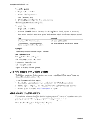 vSphere Management Assistant Guide



          To scan for updates

          1    Log in to vMA as vi‐admin. 

          2    Run the following command:
               sudo vima-update scan

          3    [Optional] If prompted, provide the vi‐admin password

          vMA lists applicable bulletins with updates. 

          To update vMA

          1    Log in to vMA as vi‐admin. 

          2    Run vima-update to install all updates or update to a particular version, specified by bulletin ID. 

               Each bulletin consists of one or more updates. Later bulletins include the updates of previous bulletins.

               Task                                                 Command

               To update vMA to the current version.                sudo vima-update update

               To update vMA to a specified update level.           sudo vima-update -b <bulletinID> update
               Includes changes from all preceding updates.


          Examples
          The following examples assumes a depot is available. 
          sudo vima-update scan

          Lists applicable bulletins with updates.
          sudo vima-update -b 'vma 4.01' update

          Updates vMA to patch level 4.01. 
          sudo vima-update update

          Applies all currently available updates. 


Use vima-update with Update Depots
          The ESX Patch Management Guide explains how you can use esxupdate with local depots. You can use 
          vima‐update with local depots as well. 

          To use vima-update with local depots

          1    Download the depot to a local server, as described in the ESX 4 Patch Management Guide.

          2    Edit the depot = http://... line in the /etc/vmware/esxupdate/vimaupdate.conf file. 

          3    Run the update, as described in “Use vima‐update” on page 31.


vima-update Troubleshooting
          If you call vima-update, and the URL specified in the /etc/vmware/esxupdate/vimaupdate.conf file is 
          wrong or returns an unexpected file, a message that includes Encountered error
          MetadataDownloadError:...Failed to download metadata appears.

          Check the URL and supply one that points to vMA updates. 




32                                                                                                            VMware, Inc.
 
