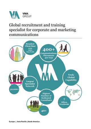 VMA 
GROUP 
Global recruitment and training 
specialist for corporate and marketing 
communications 
50,000+ 
7 
Offices 
Worldwide 
Non-Profit 400+ 
Highest 
Number of 
Dedicated 
Consultants 
40+ 
Truly 
Global 
Capability 
Communications 
Placements 
per Year 
Broadest 
Client Base 
FTSE 
SMEs 
Largest 
Specialist 
Network 
 