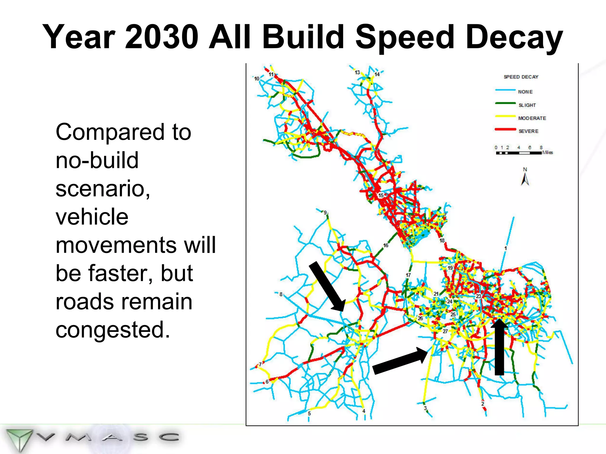 Year 2030 All Build Speed Decay Compared to no-build scenario, vehicle movements will be faster, but roads remain congested. 