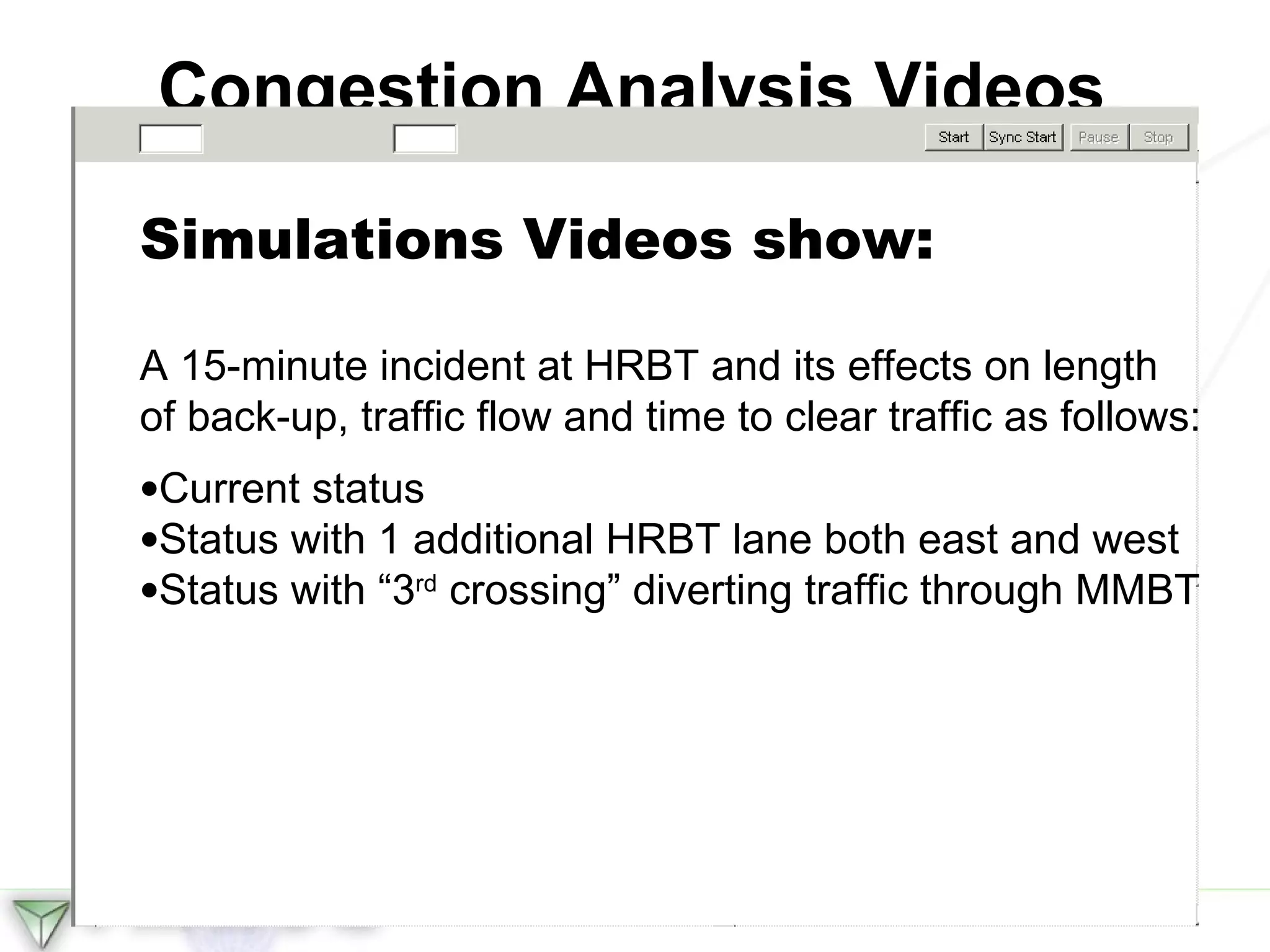 Congestion Analysis Videos Simulations Videos show: A 15-minute incident at HRBT and its effects on length  of back-up, traffic flow and time to clear traffic as follows: Current status Status with 1 additional HRBT lane both east and west Status with “3 rd  crossing” diverting traffic through MMBT  