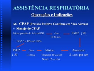 ASSISTÊNCIA RESPIRATÓRIA
Operações e Indicações
A6 - CPAP (Pressão Positiva Contínua em Vias Aéreas)
s Manejo do CPAP
Iniciar pressão de 5-6 cmH2O
Gaso
PaO2 50
15-20 min.

FiO2 5 a 10% até 100%

PaO2
50

Gaso
15-20min

Máximo
Traqueal: 10 cmH2O
Nasal: 12 cm H2O

Aumentar
2 cmH2O por vez

 