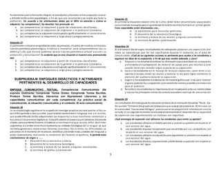 5
fundamental para la formaciónintegral, los estudiantes ydocentes se han propuesto conocer
y difundir dichocentro arqueológico, a fin de que sea reconocido y val orado por toda la
población. De acuerdo a las orientaciones dadas por el MED en atención a ¿Cómo se
adquieren las competencias?, los docentes han priorizado en:
a. Las competencias se adquieren a partir de situaciones desafiantes.
b. Las competencias se adquieren de lo general a lo particular y viceversa.
c. Las competencias se adquierenconstruyendosignificativamente el conocimiento.
d. Las competencias se adquieren a largo plazo y progresivamente.
Situación 27
El patrimonio cultural es propiedadde todos los peruanos. ¿Cuántos de nosotros conocemos
nuestro patrimonioarqueológico, histórico e inmaterial para comprometernos con su
defensa? ¿De qué manera podemos valorar nuestro patrimonio cultural y asumir su
protección y conservación? Es evidente que en esta situación el maestro esta promoviendo
que:
A. Las competencias se adquieran a partir de situaciones desafiantes.
B. Las competencias se adquieran de lo general a lo particular y viceversa.
C. Las competencias se adquieranconstruyendo significativamente el conocimiento.
D. Las competencias se adquieran a largo plazo y progresivamente.
SUBPRUEBAIII: ENFOQUES DIDÁCTICOS Y ACTIVIDADES
PERTINENTES AL DESARROLLO DE CAPACIDADES
ENFOQUE COMUNICATIVO TEXTUAL: Competencias Comunicativas (Se
expresa Oralmente; Comprende Textos Orales; Comprende Textos Escritos,
Produce Textos Escritos, Interactúa con Expresiones Literarias) y las
capacidades comunicativas por cada competencia: (La práctica social de
comunicación, la situación comunicativa y el contexto: El acto comunicativo).
Situación 30
La neuropsicología cognitiva se ha ocupadode investigar yexplicar por qué para los niños es
tan difícil aprender a leer yescribir, yqué relación existe entre el lenguaje oral y el escrito,
que puede dificultar dichas adquisiciones. Las respuestas a esas cuestiones comienzan a
buscarse enlos procesos lingüísticos. Estasdificultadesse basanenque hablamos articulando
sílabas, peroescribimos fonema. El habla es uncontinuoenel que resulta difícil deslindar
segmentos, encambio la escritura representa las unidades fonológicas de la lengua: ya que
las letras(grafemas) representan fonemas (sonidos). Por lo tanto, las dificultades se
presentan en el momento de reconocer, identificar ydeslindar estas unidades del lenguaje y
poder representarlas realizando la conversión del fonema en grafema. A partirde estas
conclusionesse da origen a ……
A. Desarrollo de la conciencia silábica
B. Desarrollo de la conciencia fonológica.
C. La escritura y lectura de las vocales y algunas consonantes.
D. La escritura de grafías y acentuación.
Situación 31
Al culminar la EducaciónInicial el niño de 5 años debe haber desarrollado capacidades
comunicativas necesarias para el aprendizaje de la lecto escritura formalenel primer grado.
Estas capacidades están relacionadas con…
A. La ejercitación para transcribir grafismos.
B. El desarrollo de la conciencia fonológica.
C. La escritura y lectura de las vocales y algunas consonantes.
D. La escritura de grafías y acentuación.
Situacióno 32
Al acercarse el Día del Logro, los estudiantes de sextogrado preparan una exposición oral
sobre un aprendizaje que les fue significativo durante el semestre, en el área de
Comunicación. ¿Cuál de las siguientes acciones es pertinente para ayudar a los estudiantes a
organizar las ideas de su exposición, a fin de que esta resulte ordenada y clara?
a. Proponer a los estudiantesordenar la informaciónque presentarán en unesquema
y orientarlos enla preparación de material de apoyo para que recurran a este
cuando necesiten recordar algún aspecto de su exposición.
b. Guiar a los estudiantes en el manejo de recursos expresivos, como mirar a los
oyentes a los ojos, mover las manos y modular la voz para lograr mantener la
atención del auditorio durante la exposición.
c. Sugerir a los estudiantes la elaboración de material gráficoque sirva para mejorar
algunos aspectos de suexposición ypresentarlade manera accesible yentretenida
para el auditorio.
d. Recordar a los estudiantes la importancia de ser respetuosos ante sus interlocutores
y repasar las principales normas de cortesía asociadasa este tipo de presentación
Situación 33
Los estudiantes delsextogradode educaciónprimaria de la InstituciónEducativa “Nstra. Sra.
De Lourdes” formarondos grupos de trabajopara que cada grupoprepare en 20 minutos un
discursosobre “Usoracional delAgua”, para locual se les proporcionó información escrita
variada. En unsegundomomentolos estudiantesdemostraránel desarrollo de su capacidad
de expresión oral argumentando sus trabajos con seguridad.
¿Qué estrategia de expresión oral utilizaron los estudiantes para emitir su opinión?
a. Los estudiantes utilizaronel debate para dar a conocer su posiciónconrespecto al
uso racional del agua.
b. Los estudiantes enjuicianlasopiniones que sonvertidas por sus compañeros con
respecto al uso racional del agua.
c. Los estudiantes utilizaronla exposiciónpara argumentar su posiciónconrespecto al
uso racional del agua.
d. Los estudiantes disertan, argumentando ydefendiendo suposición conrespecto al
uso racional del agua.
 