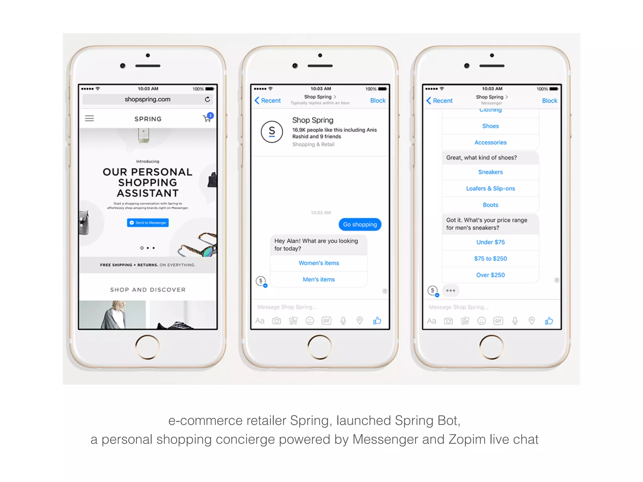 e-commerce retailer Spring, launched Spring Bot,  
a personal shopping concierge powered by Messenger and Zopim live chat
 