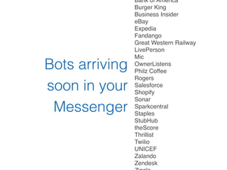 Bank of America
Burger King
Business Insider
eBay
Expedia
Fandango
Great Western Railway
LivePerson
Mic
OwnerListens
Philz Coffee
Rogers
Salesforce
Shopify
Sonar
Sparkcentral
Staples
StubHub
theScore
Thrillist
Twilio
UNICEF
Zalando
Zendesk
Bots arriving
soon in your
Messenger
 