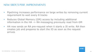 105EMC CONFIDENETIAL – INTERNAL AND PARTNER USE ONLY
NEW: SRDF/S PERF. IMPROVEMENTS
 Pipelining increases performance on large writes by removing current
requirement to wait every 8 tracks
 Reduces Global Memory (GM) access by including additional
information in the HA -> RA messaging previously read from GM
 HA now sends an RA pre-request when it starts a J0 write. RA then
creates job and prepares to start the IO as soon as the request
arrives
 