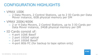 114EMC CONFIDENETIAL – INTERNAL AND PARTNER USE ONLY
CONFIGURATION HIGHLIGHTS
• VMAX 100K
– 2 Data Movers, 2 Control Stations, up to 2 IO Cards per Data
Mover instance, 6GB physical memory per DM
• VMAX 200K/400K
– 2 or 4 Data Movers, 2 Control Stations, up to 3 IO Cards per
Data Mover instance, 24GB physical memory per DM
• IO Cards consist of:
– 4 port 1GbE BaseT
– 2 port 10GbE optical
– 2 port 10GbE BaseT
– 4-port 8Gb FC (for backup to tape option only)
 