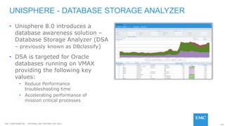 134EMC CONFIDENETIAL – INTERNAL AND PARTNER USE ONLY
• Unisphere 8.0 introduces a
database awareness solution –
Database Storage Analyzer (DSA
– previously known as DBclassify)
• DSA is targeted for Oracle
databases running on VMAX
providing the following key
values:
• Reduce Performance
troubleshooting time
• Accelerating performance of
mission critical processes
UNISPHERE - DATABASE STORAGE ANALYZER
 