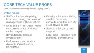 7EMC CONFIDENETIAL – INTERNAL AND PARTNER USE ONLY
• SLO’s – Radical simplicity,
less time tuning, and ease of
management with Unisphere
• Snap scale / Pre-Dupe (more
concurrent snaps and less
cache usage)
• Revolutionary backup
(ProtectPoint)
• Performance and scale –
dynamic Virtual Matrix,
HYPERMAX
CORE TECH VALUE PROPS
VMAX3 Differentiation compared to Legacy VMAX
VMAX Value
• Density – lot more disks,
smaller batteries,
compute and disk density
(120 drives in 3U)
• Standard 3rd party rack
support
• Local Raid – flexible floor
planning, performance
 