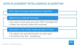 77EMC CONFIDENETIAL – INTERNAL AND PARTNER USE ONLY
DATA PLACEMENT INTELLIGENCE ALGORITHM
FAST data movement generated by algorithm
• For each virtual pool and each FAST managed SG
• Takes into account observed workload
Determines workload forecasts
• To adjust the load distribution on each pool
• To achieve SG SLO compliance
Generates a list of best extent groups to move
 