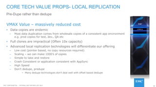 84EMC CONFIDENETIAL – INTERNAL AND PARTNER USE ONLY
VMAX Value – massively reduced cost
• Data copies are endemic
– Most data duplication comes from wholesale copies of a consistent app environment
e.g. prod copies for test, dev., QA etc
• Full clones are impractical (Often 10x capacity)
• Advanced local replication technologies will differentiate our offering
– Low cost (pointer based, no copy resources required)
– Scaling – we can make 1000’s of copies
– Simple to take and restore
– Crash Consistent or application consistent with AppSync
– High Speed
– Don’t dedupe, predupe
• Many dedupe technologies don’t deal well with offset based dedupe
CORE TECH VALUE PROPS- LOCAL REPLICATION
Pre-Dupe rather than dedupe
 