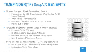 87EMC CONFIDENETIAL – INTERNAL AND PARTNER USE ONLY
• Scale - Support Next Generation Needs
– Supports up to 256 Snaps/source (Architected for 1K
Snaps/Source)
– 1024 linked targets/source
– Unlimited cascaded hops from every source
– Delete out of order
• Target less Snapshots - Efficientusage of system resources
– Extreme Cache Efficiency
– N-1 times cache savings on N Snaps
– Unlinked Snaps do not increase device count
– Fast Create and Terminate Times
• Performance Enhancements – Zero Impact Snaps
– No Impact to production device when taking snaps
– Redirect on Write Technology
TIMEFINDER(TF) SnapVX BENEFITS
 