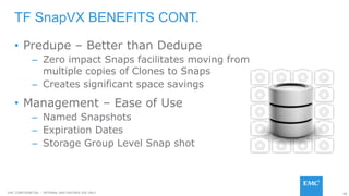88EMC CONFIDENETIAL – INTERNAL AND PARTNER USE ONLY
• Predupe – Better than Dedupe
– Zero impact Snaps facilitates moving from
multiple copies of Clones to Snaps
– Creates significant space savings
• Management – Ease of Use
– Named Snapshots
– Expiration Dates
– Storage Group Level Snap shot
TF SnapVX BENEFITS CONT.
 