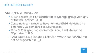 100EMC CONFIDENETIAL – INTERNAL AND PARTNER USE ONLY
SRDF INTEROPERABILITY
SRDF/FAST Behavior
• SRDF devices can be associated to Storage group with any
of the pre-defined SLOs
• Customers can chose to have Remote SRDF devices on a
different SLO compared to Source side
• If no SLO is specified on Remote side, it will default to
“Optimized” SLO
• FAST SRDF Co-ordination between VMAX3 and VMAX2 will
not be supported in Q4
 