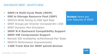 102EMC CONFIDENETIAL – INTERNAL AND PARTNER USE ONLY
ENHANCED SRDF - WHAT’SNEW
 SRDF/A Multi-Cycle Mode (MCM)
 DSE to Storage Resource Pool (SRP)
 SRDF/A Write Pacing to DSE Spill Rate
 SRDF Groups per Director increased 64->250
 SRDF Dynamic Port Emulation
 SRDF N-X Backward Compatibility Support
 SRDF HW Compression Support
 Remote SID Availability w/Partitioned Pair State
 SRDF/S Performance Improvements
 128K Track Size for SRDF paired devices
Bolded items are
new features of SRDF
 