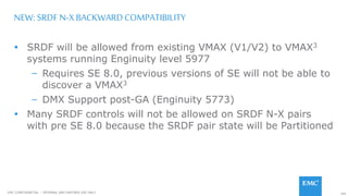 104EMC CONFIDENETIAL – INTERNAL AND PARTNER USE ONLY
NEW: SRDF N-X BACKWARDCOMPATIBILITY
 SRDF will be allowed from existing VMAX (V1/V2) to VMAX3
systems running Enginuity level 5977
– Requires SE 8.0, previous versions of SE will not be able to
discover a VMAX3
– DMX Support post-GA (Enginuity 5773)
 Many SRDF controls will not be allowed on SRDF N-X pairs
with pre SE 8.0 because the SRDF pair state will be Partitioned
 