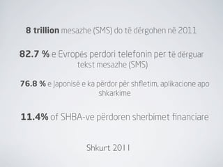 8 trillion mesazhe (SMS) do të dërgohen në 2011

82.7 % e Evropës perdori telefonin per të dërguar
                 tekst mesazhe (SMS)

76.8 % e Japonisë e ka përdor për shﬂetim, aplikacione apo
                        shkarkime


11.4% of SHBA-ve përdoren sherbimet ﬁnanciare


                    Shkurt 2011
 