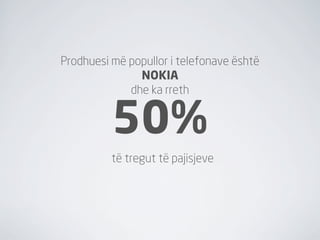 Prodhuesi më popullor i telefonave është
               NOKIA
             dhe ka rreth


          50%
          të tregut të pajisjeve
 