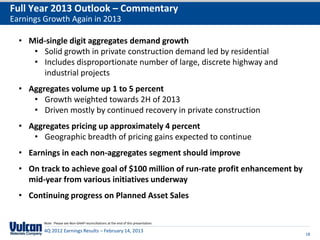 Full Year 2013 Outlook – Commentary
Earnings Growth Again in 2013

  • Mid-single digit aggregates demand growth
     • Solid growth in private construction demand led by residential
     • Includes disproportionate number of large, discrete highway and
       industrial projects
  • Aggregates volume up 1 to 5 percent
     • Growth weighted towards 2H of 2013
     • Driven mostly by continued recovery in private construction
  • Aggregates pricing up approximately 4 percent
     • Geographic breadth of pricing gains expected to continue
  • Earnings in each non-aggregates segment should improve
  • On track to achieve goal of $100 million of run-rate profit enhancement by
    mid-year from various initiatives underway
  • Continuing progress on Planned Asset Sales

        Note: Please see Non-GAAP reconciliations at the end of this presentation.

        4Q 2012 Earnings Results – February 14, 2013
                                                                                     18
 