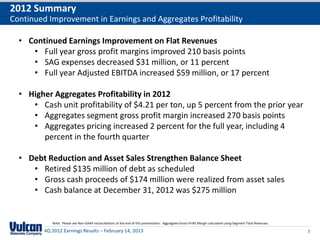 2012 Summary
Continued Improvement in Earnings and Aggregates Profitability

  • Continued Earnings Improvement on Flat Revenues
     • Full year gross profit margins improved 210 basis points
     • SAG expenses decreased $31 million, or 11 percent
     • Full year Adjusted EBITDA increased $59 million, or 17 percent

  • Higher Aggregates Profitability in 2012
     • Cash unit profitability of $4.21 per ton, up 5 percent from the prior year
     • Aggregates segment gross profit margin increased 270 basis points
     • Aggregates pricing increased 2 percent for the full year, including 4
        percent in the fourth quarter

  • Debt Reduction and Asset Sales Strengthen Balance Sheet
     • Retired $135 million of debt as scheduled
     • Gross cash proceeds of $174 million were realized from asset sales
     • Cash balance at December 31, 2012 was $275 million


            Note: Please see Non-GAAP reconciliations at the end of this presentation. Aggregates Gross Profit Margin calculated using Segment Total Revenues.

         4Q 2012 Earnings Results – February 14, 2013                                                                                                            3
 