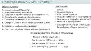 FUNCTIONS OF TOWN PLANNING DEPARTMENT
Statutory functions:
1. Implementation of Master Plan
2. Disposal of building applications.
3. Collection of Advertisement Tax & Encroachment fee.
4. Controlling the unauthorized constructions.
5. Controlling and Removal of encroachments.
6. Change of Land Use proposals for Approval of C.R.D.A
7. Initiation of Land Acquisition proposals
8. Court cases pertaining to Road widening, Buildings etc.,
Other functions:
1. Census.
2. Municipal Elections
3. Ward Division Proposals
4. Preparation of layouts in Housing Projects
5. Registration of house plots allotted by VM
6. Extension of Municipal Limits
7. Geographical Information System (GIS) &
Rationalization of House Numbering.
TIME LINE FOR DISPOSAL OF BUIDING APPLICATIONS
Disposal of Building Application:-
• Site Area Up to 200 Sq.mts - 15 Days
• Site Area Above 200 Sq.mts - 30 Days
• Issue of Occupancy Certificate - 15 days
 