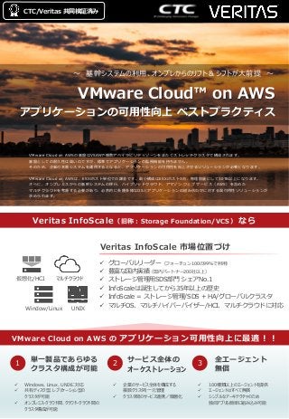 VMware Cloud on AWS の アプリケーション可用性向上に最適！！
Veritas InfoScale（旧称：Storage Foundation/VCS） なら
単一製品であらゆる
クラスタ構成が可能
サービス全体の
オーケストレーション
全エージェント
無償
✓ Windows、Linux、UNIXに対応
✓ 共有ディスク型、レプリケーション型の
クラスタが可能
✓ オンプレミス-クラウド間、クラウド-クラウド間の
クラスタ構成が可能
✓ 企業のサービス全体を構成する
複数クラスタを一元管理
✓ クラスタ間のサービス連携／階層化
✓ 100種類以上のエージェントを提供
✓ エージェントはすべて無償
✓ シンプルなアーキテクチャのため
独自アプリも簡単に組み込み可能
✓ グローバルリーダー（フォーチュン100の99%で利用）
✓ 豊富な国内実績（国内パートナー200社以上）
✓ ストレージ管理用SDS部門 シェアNo.1
✓ InfoScaleは誕生してから35年以上の歴史
✓ InfoScale = ストレージ管理/SDS + HA/グローバルクラスタ
✓ マルチOS、マルチハイパーバイザー/HCI、マルチクラウドに対応
Veritas InfoScale 市場位置づけ
VMware Cloud™ on AWS
アプリケーションの可用性向上 ベストプラクティス
～ 基幹システムの利用、オンプレからのリフト＆シフトが大前提 ～
VMware Cloud on AWSの基盤はVSANや複数アベイラビリティゾーンをまたぐストレッチクラスタで構成されます。
基盤としての耐久性は高いのですが、標準でアプリケーションの監視機能を持ちません。
そのため、企業の本番システムを運用するとなると、アプリケーションの可用性を向上させるソリューションが必要となります。
VMware Cloud on AWSは、ESXiホスト単位での課金です。最小構成はESXiホスト3台、物理容量にして30TB以上になります。
さらに、オンプレミスからの基幹システムの移行、ハイブリッドクラウド、アマゾン ウェブ サービス（AWS）を含めた
マルチクラウドを考慮する必要があり、必然的に多種多様なOSとアプリケーションの組み合わせに対する高可用性ソリューションが
求められます。
1 ２ ３
CTC/Veritas 共同検証済み
UNIXWindow/Linux
仮想化/HCI マルチクラウド
 
