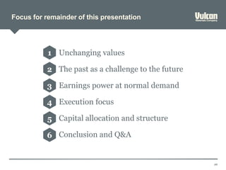 Focus for remainder of this presentation
10
2
1
4
3
6
5
Unchanging values
The past as a challenge to the future
Earnings power at normal demand
Execution focus
Capital allocation and structure
Conclusion and Q&A
 