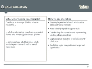 SAG Productivity
52
3
Continue to leverage SAG to sales to
reach 6% ...
… while maintaining our close-to-market
model and enabling continued growth …
… as we capture all efficiencies while
servicing our internal and external
customers
What we are going to accomplish How we are executing
 Leveraging central shared services for
administrative support
 Maintaining tight hiring controls
 Continuing the commitment to reducing
waste and running lean
 Capturing full benefits of common ERP
platform
 Enabling rapid integration of acquired
operations
 