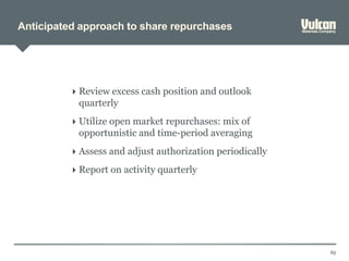 Anticipated approach to share repurchases
65
 Review excess cash position and outlook
quarterly
 Utilize open market repurchases: mix of
opportunistic and time-period averaging
 Assess and adjust authorization periodically
 Report on activity quarterly
 