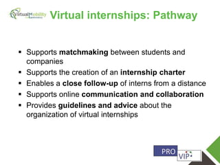 vmcolab.eu
Virtual internships: Pathway
 Supports matchmaking between students and
companies
 Supports the creation of an internship charter
 Enables a close follow-up of interns from a distance
 Supports online communication and collaboration
 Provides guidelines and advice about the
organization of virtual internships
 