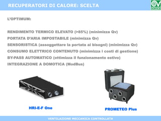 VENTILAZIONE MECCANICA CONTROLLATA
RECUPERATORI DI CALORE: SCELTA
L’OPTIMUM:
RENDIMENTO TERMICO ELEVATO (>85%) (minimizza Qv)
PORTATA D’ARIA IMPOSTABILE (minimizza Qv)
SENSORISTICA (assoggettare la portata ai bisogni) (minimizza Qv)
CONSUMO ELETTRICO CONTENUTO (minimizza i costi di gestione)
BY-PASS AUTOMATICO (ottimizza il funzionamento estivo)
INTEGRAZIONE A DOMOTICA (ModBus)
HRI-E-F One PROMETEO Plus
 