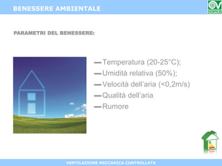 VENTILAZIONE MECCANICA CONTROLLATA
▬Temperatura (20-25°C);
▬Umidità relativa (50%);
▬Velocità dell’aria (<0,2m/s)
▬Qualità dell’aria
▬Rumore
BENESSERE AMBIENTALE
PARAMETRI DEL BENESSERE:
 
