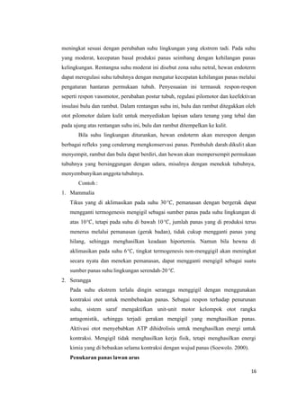 16
meningkat sesuai dengan perubahan suhu lingkungan yang ekstrem tadi. Pada suhu
yang moderat, kecepatan basal produksi panas seimbang dengan kehilangan panas
kelingkungan. Rentangna suhu moderat ini disebut zona suhu netral, hewan endoterm
dapat meregulasi suhu tubuhnya dengan mengatur kecepatan kehilangan panas melalui
pengaturan hantaran permukaan tubuh. Penyesuaian ini termasuk respon-respon
seperti respon vasomotor, perubahan postur tubuh, regulasi pilomotor dan keefektivan
insulasi bulu dan rambut. Dalam rentangan suhu ini, bulu dan rambut ditegakkan oleh
otot pilomotor dalam kulit untuk menyediakan lapisan udara tenang yang tebal dan
pada ujung atas rentangan suhu ini, bulu dan rambut ditempelkan ke kulit.
Bila suhu lingkungan diturunkan, hewan endoterm akan merespon dengan
berbagai refleks yang cenderung mengkonservasi panas. Pembuluh darah dikulit akan
menyempit, rambut dan bulu dapat berdiri, dan hewan akan mempersempit permukaan
tubuhnya yang bersinggungan dengan udara, misalnya dengan menekuk tubuhnya,
menyembunyikan anggota tubuhnya.
Contoh :
1. Mammalia
Tikus yang di aklimasikan pada suhu 30°, pemanasan dengan bergerak dapat
mengganti termogenesis mengigil sebagai sumber panas pada suhu lingkungan di
atas 10°, tetapi pada suhu di bawah 10°, jumlah panas yang di produksi terus
menerus melalui pemanasan (gerak badan), tidak cukup mengganti panas yang
hilang, sehingga menghasilkan keadaan hiportemia. Namun bila hewna di
aklimasikan pada suhu 6°, tingkat termogenesis non-menggigil akan meningkat
secara nyata dan menekan pemanasan, dapat mengganti mengigil sebagai suatu
sumber panas suhu lingkungan serendah-20°.
2. Serangga
Pada suhu ekstrem terlalu dingin serangga menggigil dengan menggunakan
kontraksi otot untuk membebaskan panas. Sebagai respon terhadap penurunan
suhu, sistem saraf mengaktifkan unit-unit motor kelompok otot rangka
antagonistik, sehingga terjadi gerakan mengigil yang menghasilkan panas.
Aktivasi otot menyebabkan ATP dihidrolisis untuk menghasilkan energi untuk
kontraksi. Mengigil tidak menghasilkan kerja fisik, tetapi menghasilkan energi
kimia yang di bebaskan selama kontraksi dengan wujud panas (Soewolo. 2000).
Penukaran panas lawan arus
 