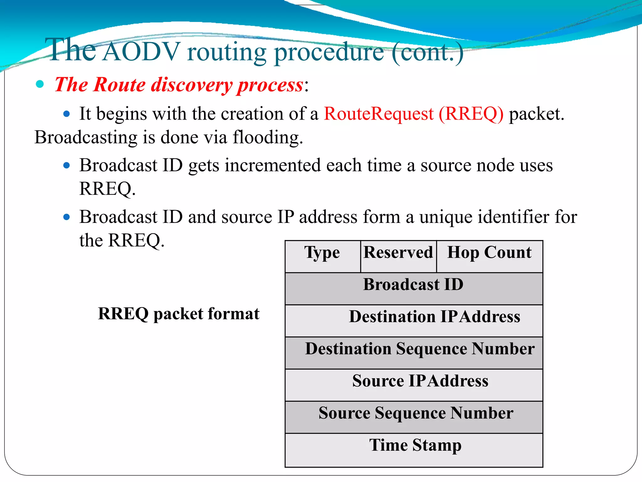  The Route discovery process:
 It begins with the creation of a RouteRequest (RREQ) packet.
Broadcasting is done via flooding.
 Broadcast ID gets incremented each time a source node uses
RREQ.
 Broadcast ID and source IP address form a unique identifier for
the RREQ.
RREQ packet format
TheAODV routing procedure (cont.)
Type Reserved Hop Count
Broadcast ID
Destination IPAddress
Destination Sequence Number
Source IPAddress
Source Sequence Number
Time Stamp
 