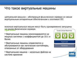 Что такое виртуальные машины Виртуальная машина – абстракция физического сервера со своим виртуальным аппаратным обеспечением и гостевой ОС. Несколько виртуальных машин могут быть одновременно запущены на одном физическом сервере. При этом: Виртуальные машины консолидируются на мощных системах с коэффициентом до  1 5:1   и более Виртуальные машины управляются и обслуживаются как логические контейнеры, отвязанные от оборудования Виртуальная машина – несколько файлов на системе хранения 
