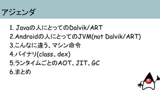 アジェンダ
1. Javaの人にとってのDalvik/ART
2.Androidの人にとってのJVM(not Dalvik/ART)
3.こんなに違う、マシン命令
4.バイナリ(class、dex)
5.ランタイムごとのAOT、JIT、GC
6.まとめ
 