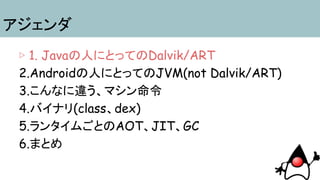 アジェンダ
▷ 1. Javaの人にとってのDalvik/ART
2.Androidの人にとってのJVM(not Dalvik/ART)
3.こんなに違う、マシン命令
4.バイナリ(class、dex)
5.ランタイムごとのAOT、JIT、GC
6.まとめ
 