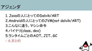 アジェンダ
1. Javaの人にとってのDalvik/ART
2.Androidの人にとってのJVM(not dalvik/ART)
3.こんなに違う、マシン命令
4.バイナリ(class、dex)
5.ランタイムごとのAOT、JIT、GC
▷ 6.まとめ
 