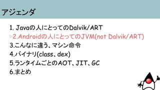アジェンダ
1. Javaの人にとってのDalvik/ART
▷2.Androidの人にとってのJVM(not Dalvik/ART)
3.こんなに違う、マシン命令
4.バイナリ(class、dex)
5.ランタイムごとのAOT、JIT、GC
6.まとめ
 