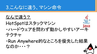 なんで違う？
HotSpotはスタックマシン
・ハードウェアを問わず動かしやすいアーキ
テクチャ
・Run Anywhere的なところを優先した結果
なのか・・・？
3.こんなに違う、マシン命令
 