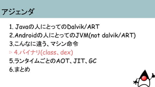 アジェンダ
1. Javaの人にとってのDalvik/ART
2.Androidの人にとってのJVM(not dalvik/ART)
3.こんなに違う、マシン命令
▷ 4.バイナリ(class、dex)
5.ランタイムごとのAOT、JIT、GC
6.まとめ
 