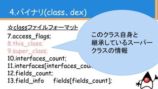 ☆classファイルフォーマット
7.access_flags;
8.this_class;
9.super_class;
10.interfaces_count;
11.interfaces[interfaces_count];
12.fields_count;
13.field_info fields[fields_count];
4.バイナリ(class、dex)
このクラス自身と
継承しているスーパー
クラスの情報
 