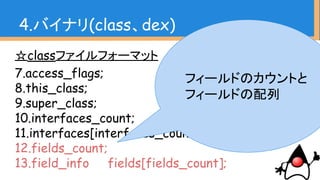 ☆classファイルフォーマット
7.access_flags;
8.this_class;
9.super_class;
10.interfaces_count;
11.interfaces[interfaces_count];
12.fields_count;
13.field_info fields[fields_count];
4.バイナリ(class、dex)
フィールドのカウントと
フィールドの配列
 