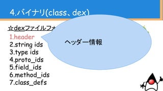 ☆dexファイルフォーマット
1.header
2.string ids
3.type ids
4.proto_ids
5.field_ids
6.method_ids
7.class_defs
4.バイナリ(class、dex)
ヘッダー情報
 