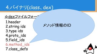 ☆dexファイルフォーマット
1.header
2.string ids
3.type ids
4.proto_ids
5.field_ids
6.method_ids
7.class_defs
4.バイナリ(class、dex)
メソッド情報のID
 