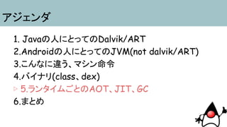 アジェンダ
1. Javaの人にとってのDalvik/ART
2.Androidの人にとってのJVM(not dalvik/ART)
3.こんなに違う、マシン命令
4.バイナリ(class、dex)
▷ 5.ランタイムごとのAOT、JIT、GC
6.まとめ
 