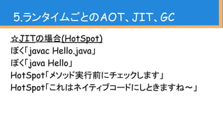 ☆JITの場合(HotSpot)
ぼく「javac Hello.java」
ぼく「java Hello」
HotSpot「メソッド実行前にチェックします」
HotSpot「これはネイティブコードにしときますね〜」
5.ランタイムごとのAOT、JIT、GC
 