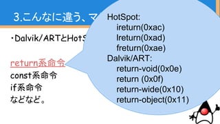 ・Dalvik/ARTとHotSpotでどちらにもあるもの
return系命令
const系命令
if系命令
などなど。
3.こんなに違う、マシン命令HotSpot:
ireturn(0xac)
lreturn(0xad)
freturn(0x...